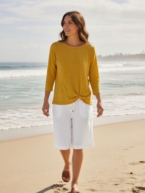 Silverwear Life Styles -Gold Colored Blouse 3/4 Sleeves Round Neck,Knot In Front